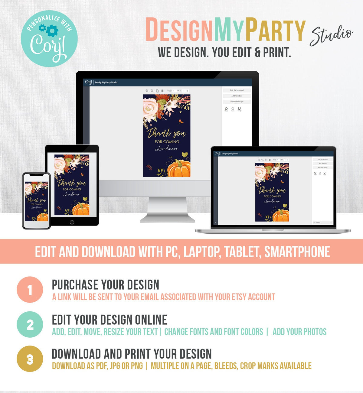 Editable Pumpkin Favor Tags Thank You Tag Fall In Love Bridal Shower Autumn Floral Flowers Pink Gold Rustic Navy Blue Corjl Template 0176