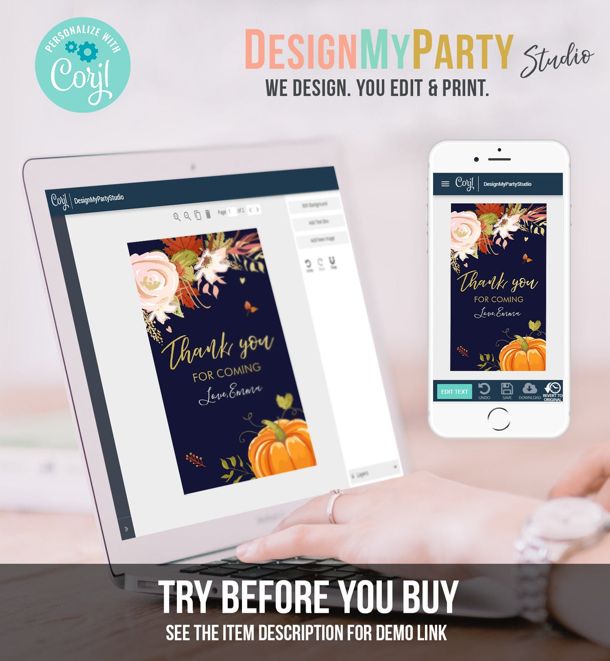 Editable Pumpkin Favor Tags Thank You Tag Fall In Love Bridal Shower Autumn Floral Flowers Pink Gold Rustic Navy Blue Corjl Template 0176