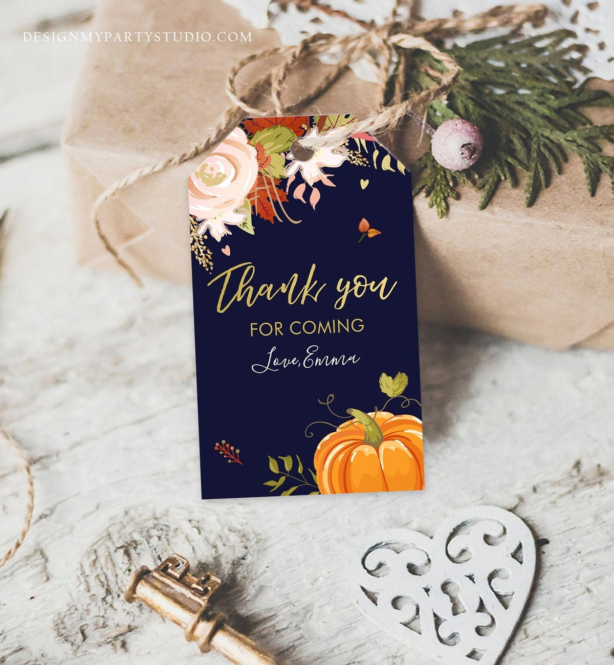 Editable Pumpkin Favor Tags Thank You Tag Fall In Love Bridal Shower Autumn Floral Flowers Pink Gold Rustic Navy Blue Corjl Template 0176