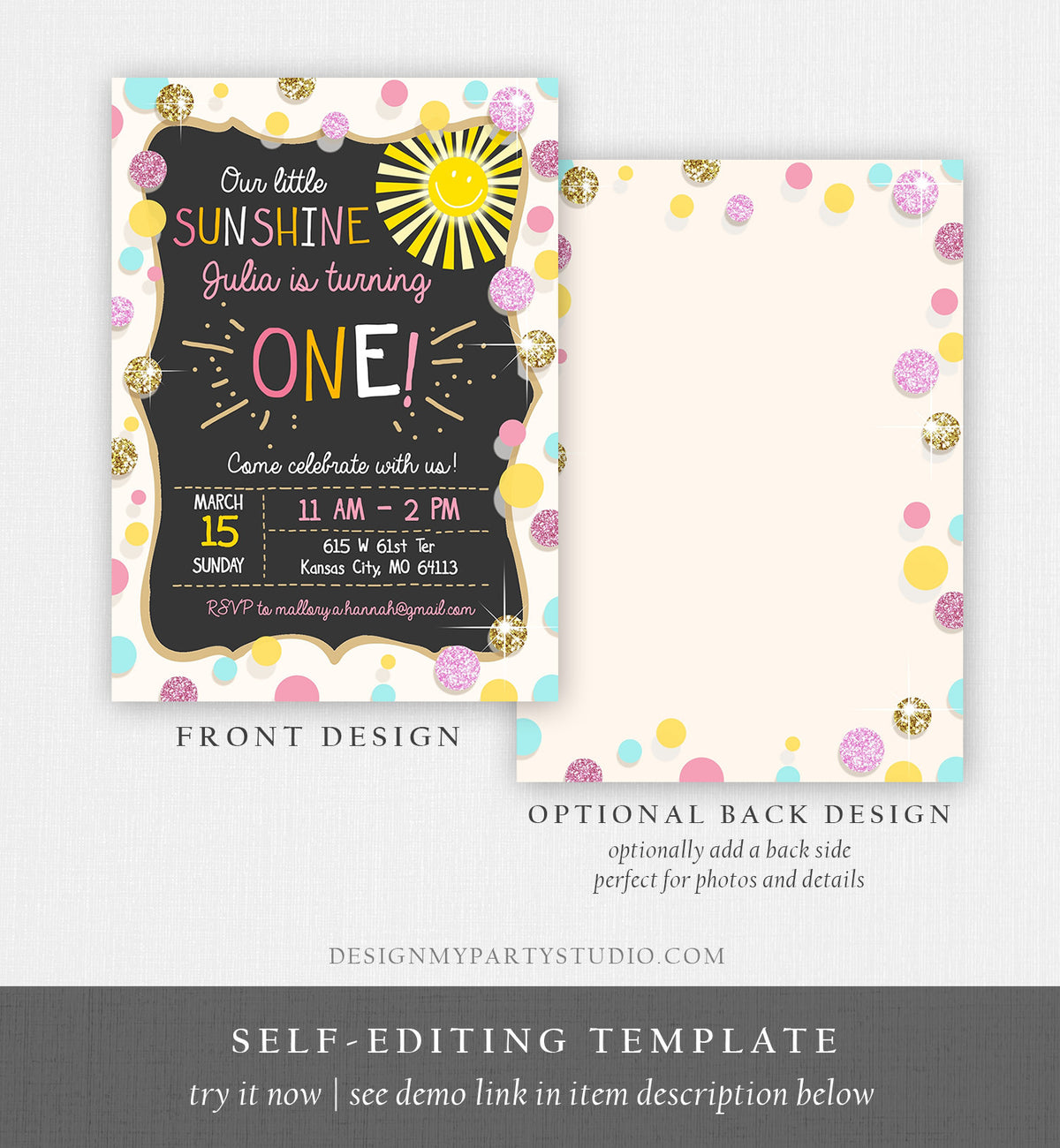 Editable Little Sunshine Birthday Invitation You are My Sunshine Lemonade Girl First Birthday Pink Gold 1st Corjl Template Printable 0097