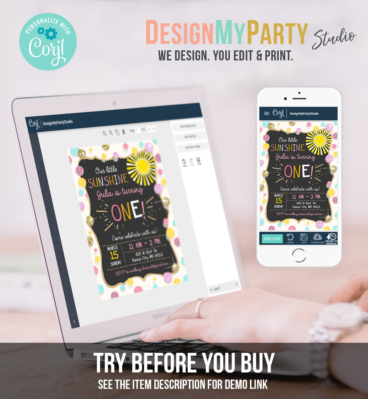 Editable Little Sunshine Birthday Invitation You are My Sunshine Lemonade Girl First Birthday Pink Gold 1st Corjl Template Printable 0097