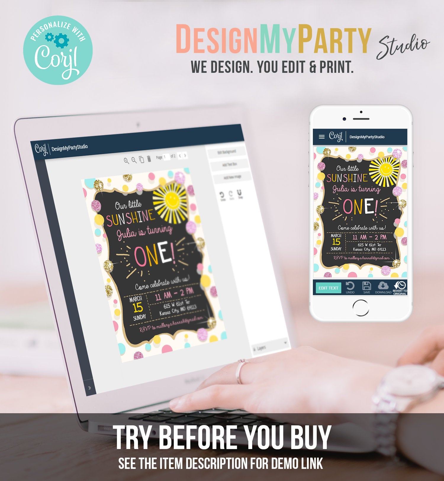 Editable Little Sunshine Birthday Invitation You are My Sunshine Lemonade Girl First Birthday Pink Gold 1st Corjl Template Printable 0097