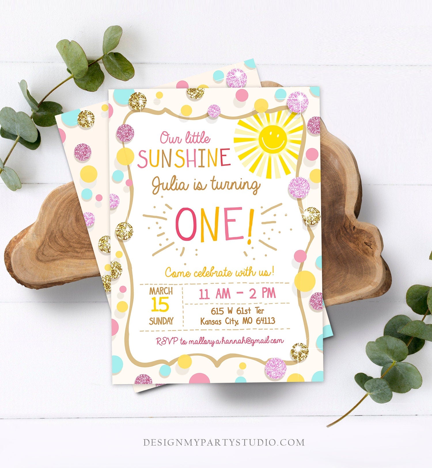 Editable Little Sunshine Birthday Invitation You are My Sunshine Lemonade Girl First Birthday Pink Gold 1st Corjl Template Printable 0097