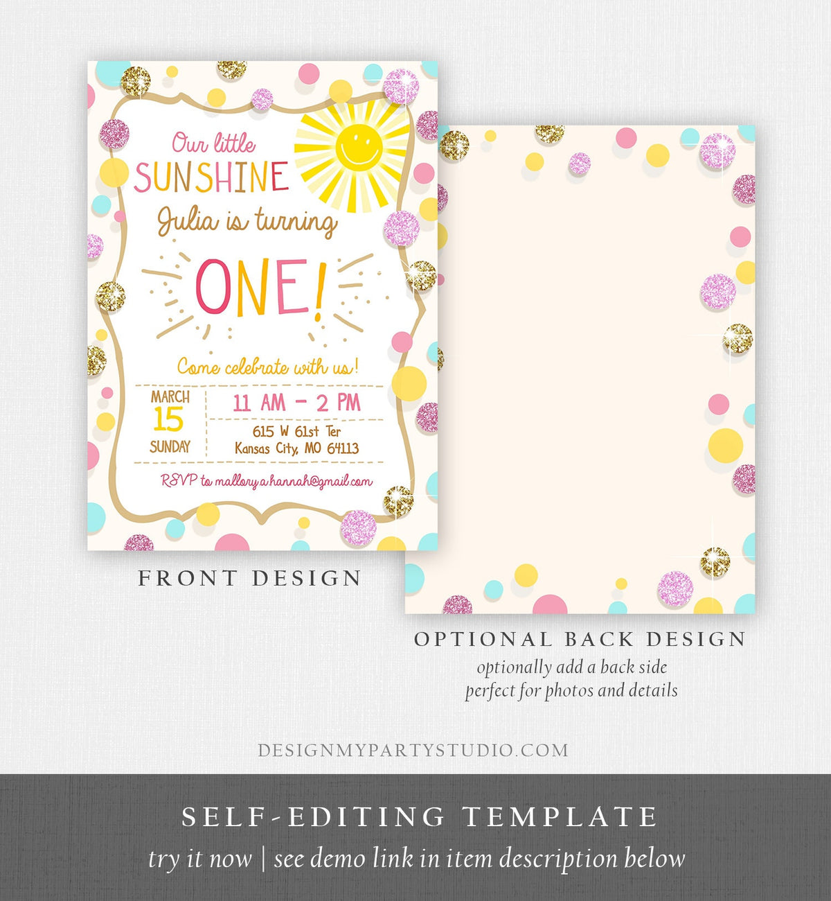 Editable Little Sunshine Birthday Invitation You are My Sunshine Lemonade Girl First Birthday Pink Gold 1st Corjl Template Printable 0097