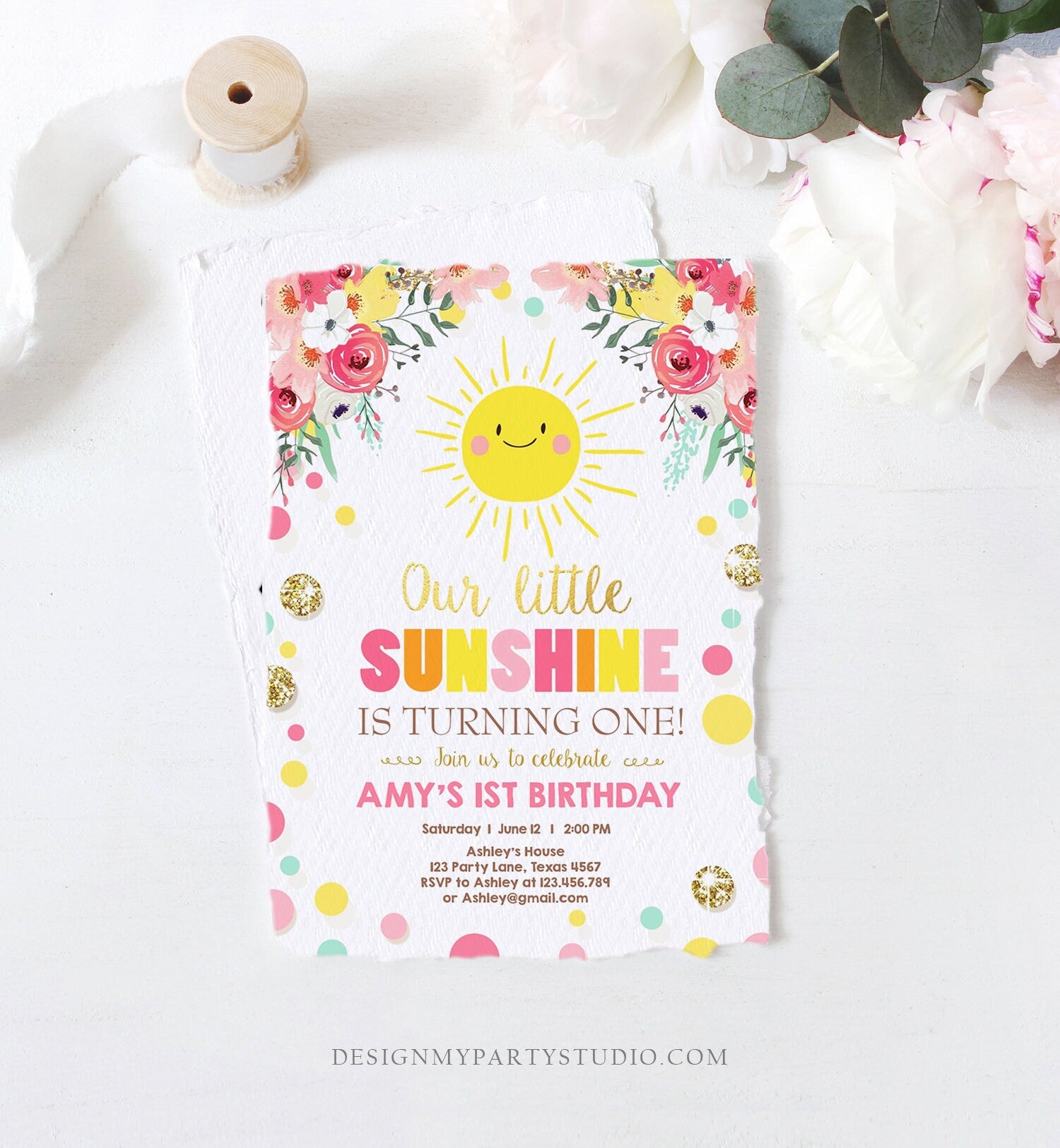 Editable Little Sunshine Birthday Invitation You are My Sunshine Lemonade Girl First Birthday Pink Gold 1st Corjl Template Printable 0244
