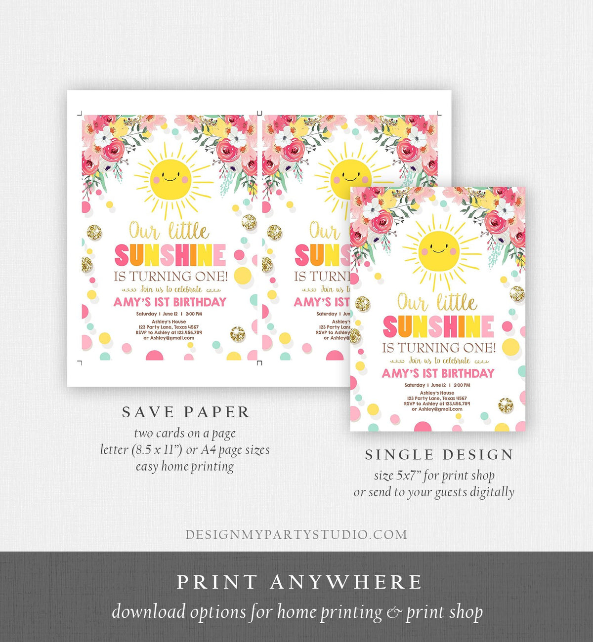 Editable Little Sunshine Birthday Invitation You are My Sunshine Lemonade Girl First Birthday Pink Gold 1st Corjl Template Printable 0244