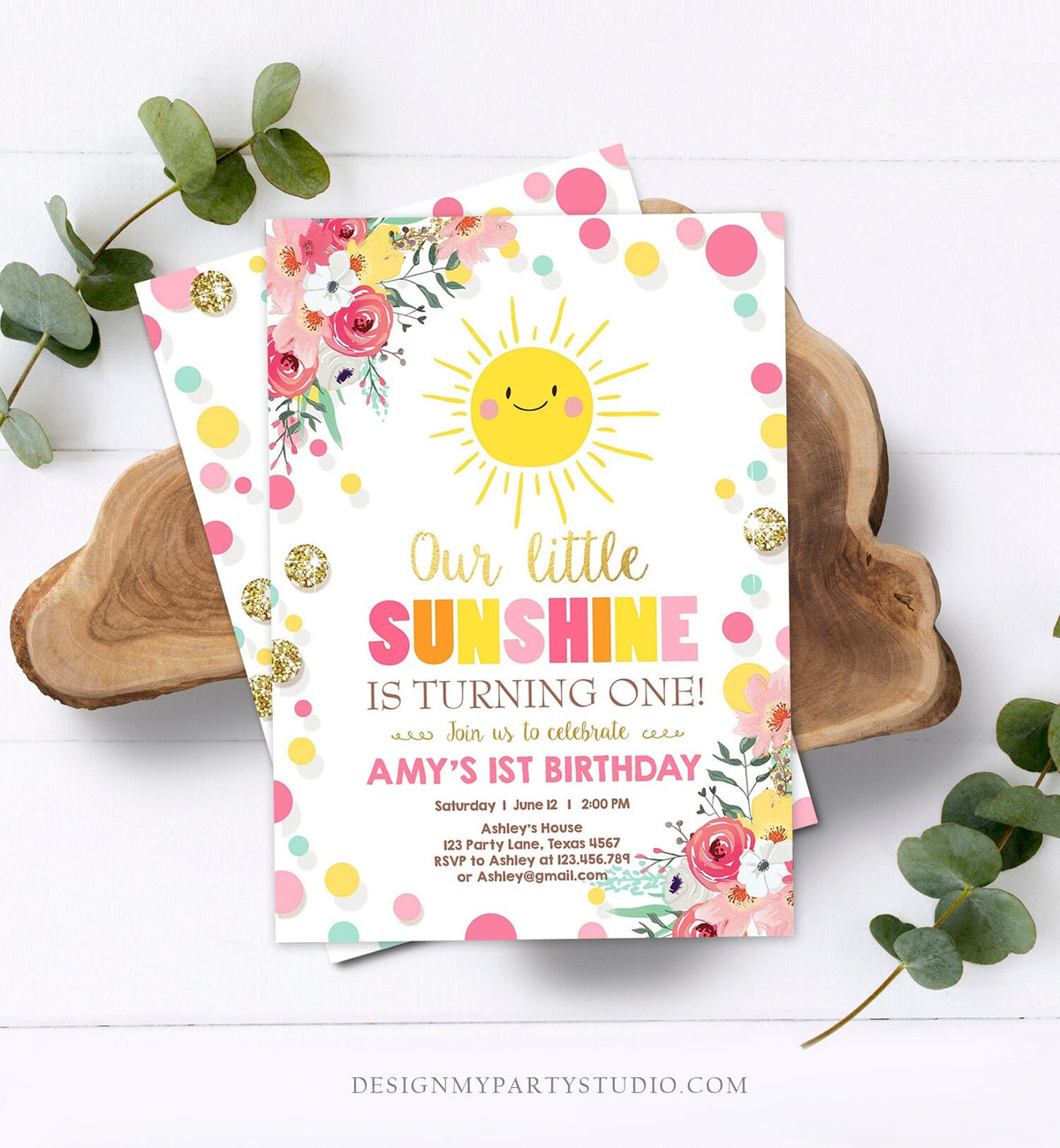 Editable Little Sunshine Birthday Invitation You are My Sunshine Lemonade Girl First Birthday Pink Gold 1st Corjl Template Printable 0244