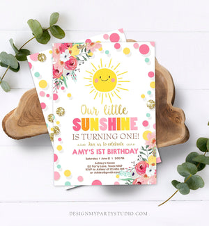 Editable Little Sunshine Birthday Invitation You are My Sunshine Lemonade Girl First Birthday Pink Gold 1st Corjl Template Printable 0244