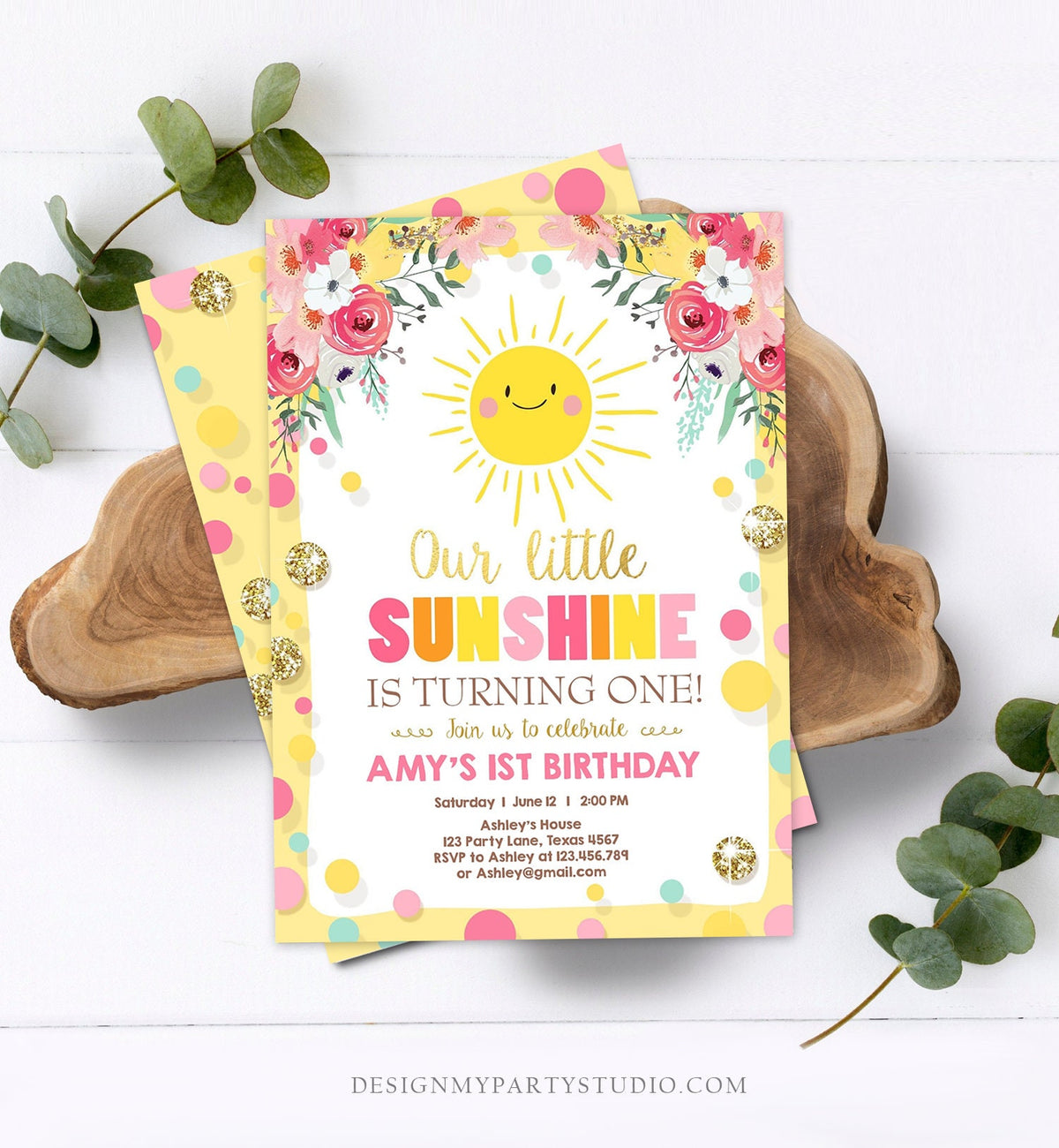 Editable Little Sunshine Birthday Invitation You are My Sunshine Lemonade Girl First Birthday Pink Gold 1st Corjl Template Printable 0244