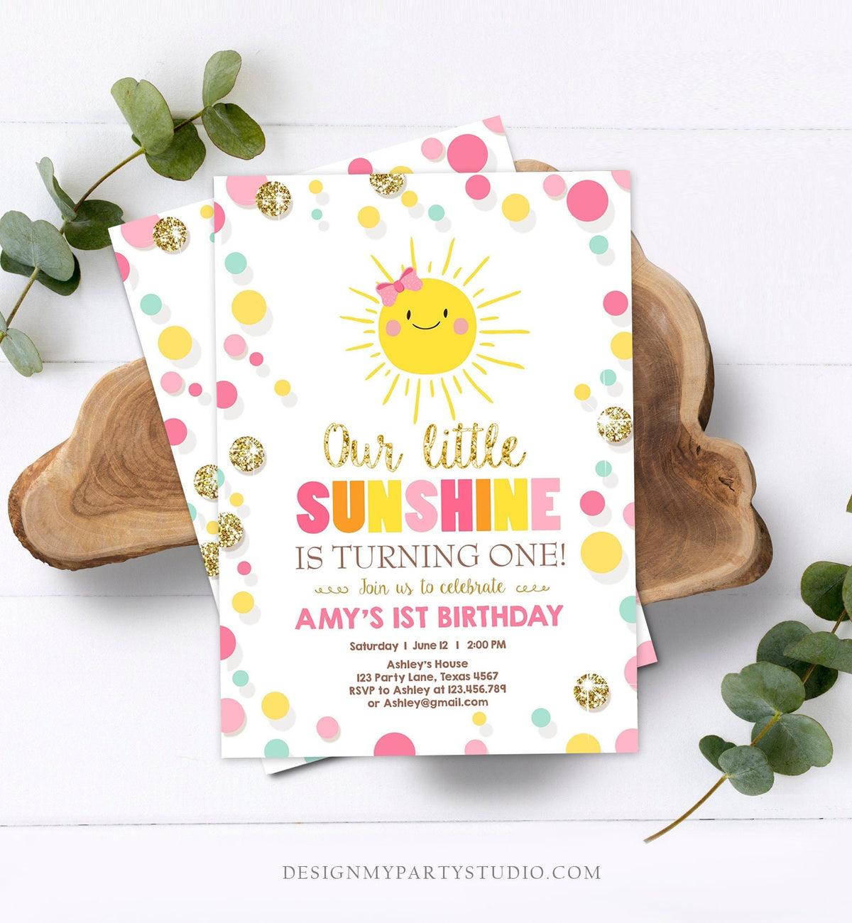 Editable Little Sunshine Birthday Invitation You are My Sunshine Lemonade Girl First Birthday Pink Gold 1st Corjl Template Printable 0244