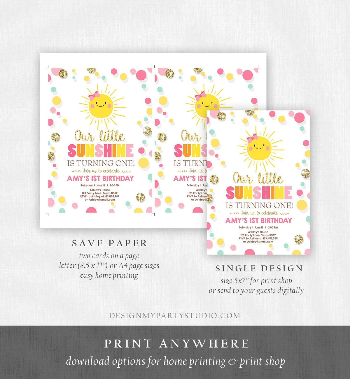 Editable Little Sunshine Birthday Invitation You are My Sunshine Lemonade Girl First Birthday Pink Gold 1st Corjl Template Printable 0244