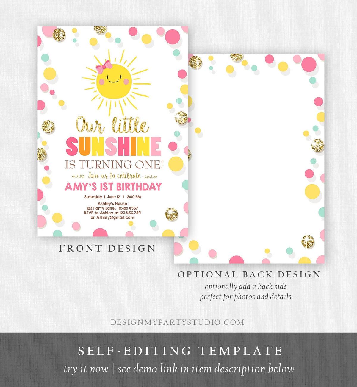 Editable Little Sunshine Birthday Invitation You are My Sunshine Lemonade Girl First Birthday Pink Gold 1st Corjl Template Printable 0244