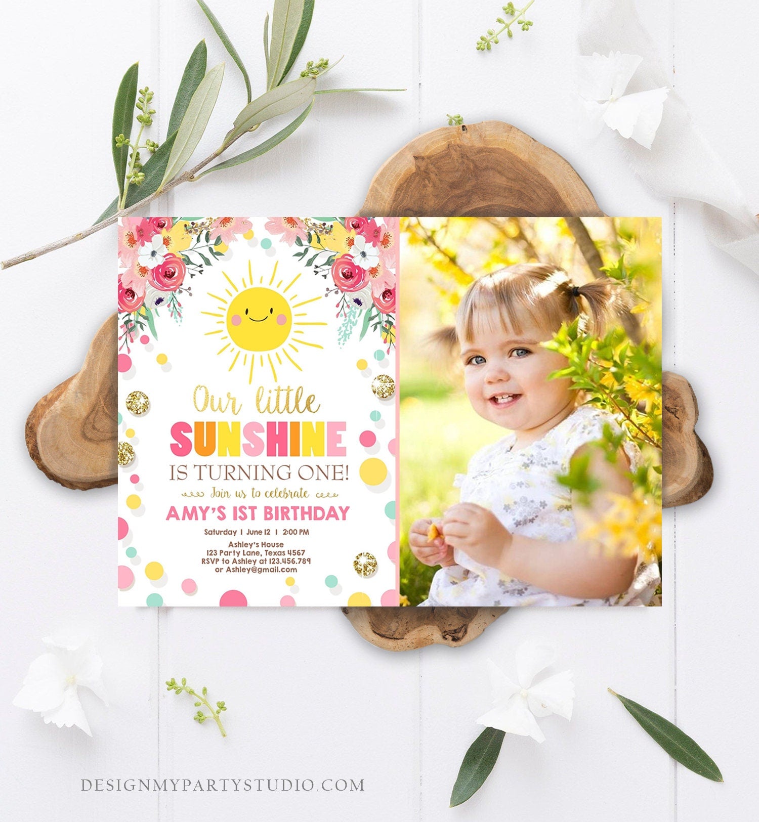 Editable Little Sunshine Birthday Invitation You are My Sunshine Lemonade Girl First Birthday Pink Gold 1st Corjl Template Printable 0244