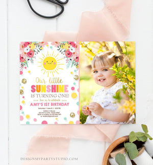 Editable Little Sunshine Birthday Invitation You are My Sunshine Lemonade Girl First Birthday Pink Gold 1st Corjl Template Printable 0244