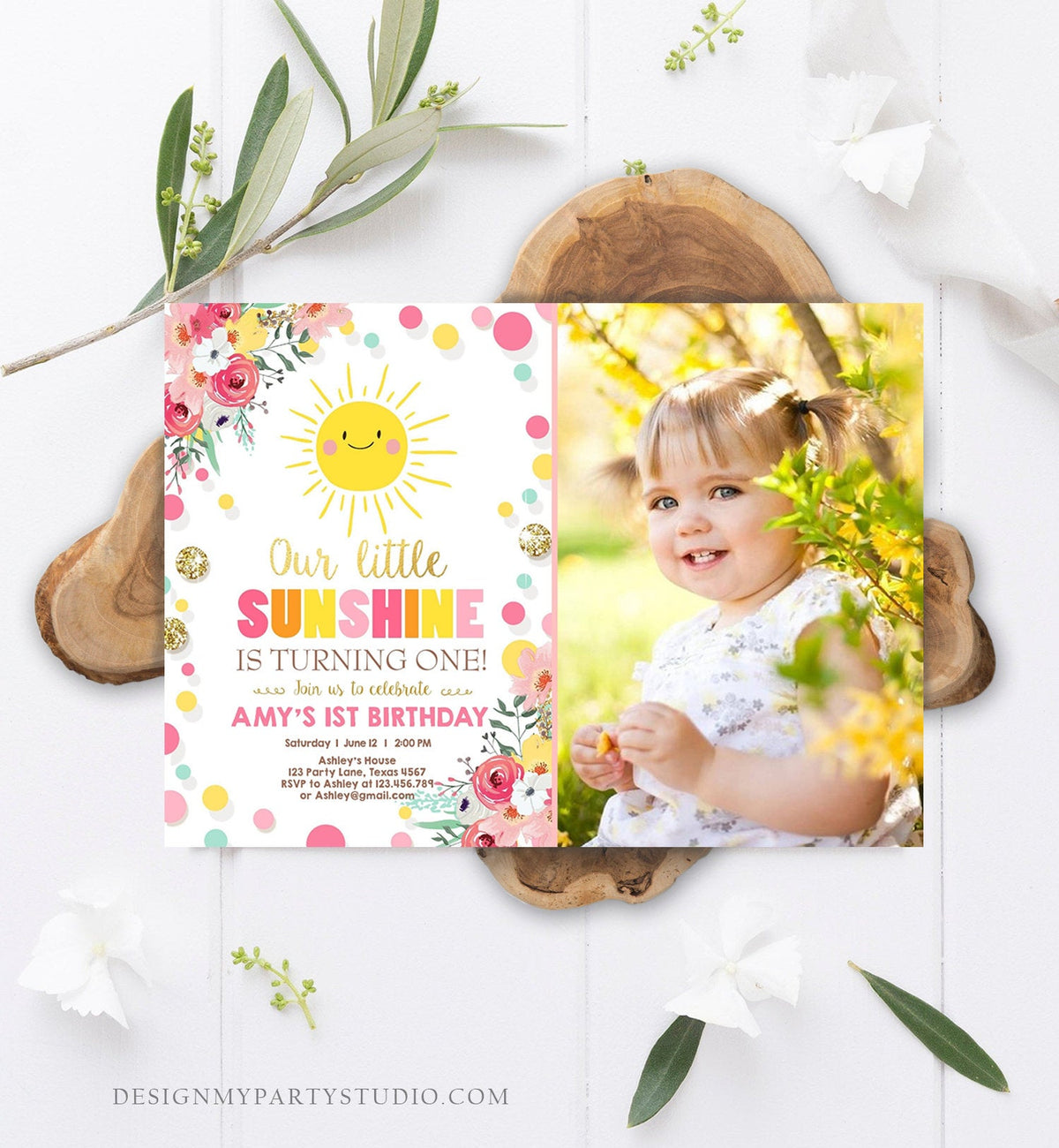 Editable Little Sunshine Birthday Invitation You are My Sunshine Lemonade Girl First Birthday Pink Gold 1st Corjl Template Printable 0244