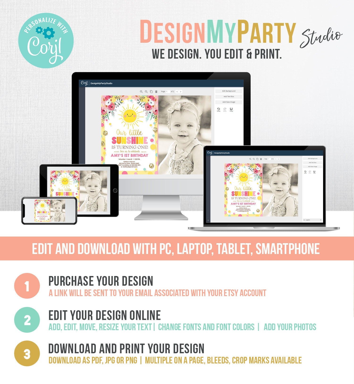 Editable Little Sunshine Birthday Invitation You are My Sunshine Lemonade Girl First Birthday Pink Gold 1st Corjl Template Printable 0244