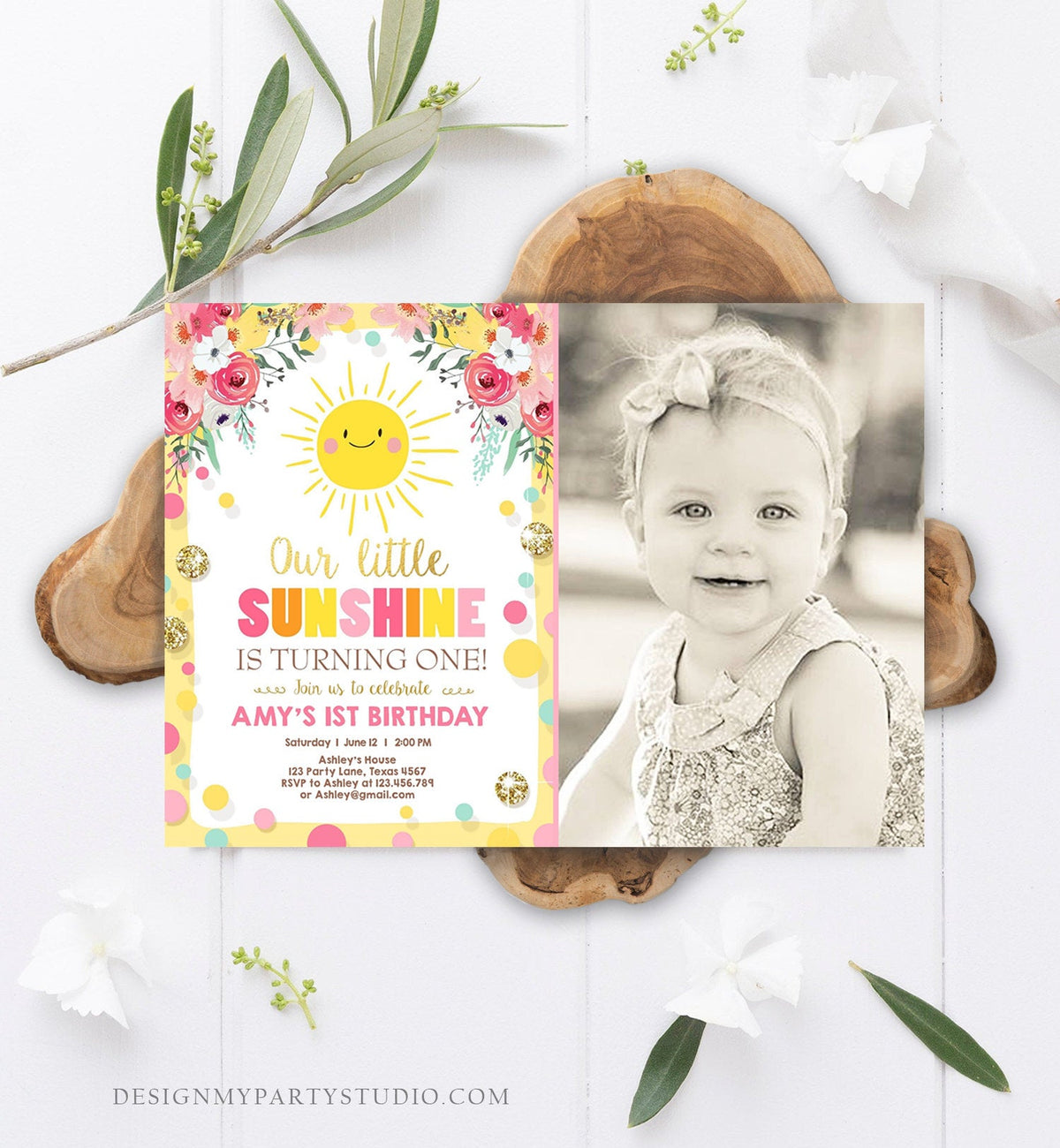 Editable Little Sunshine Birthday Invitation You are My Sunshine Lemonade Girl First Birthday Pink Gold 1st Corjl Template Printable 0244