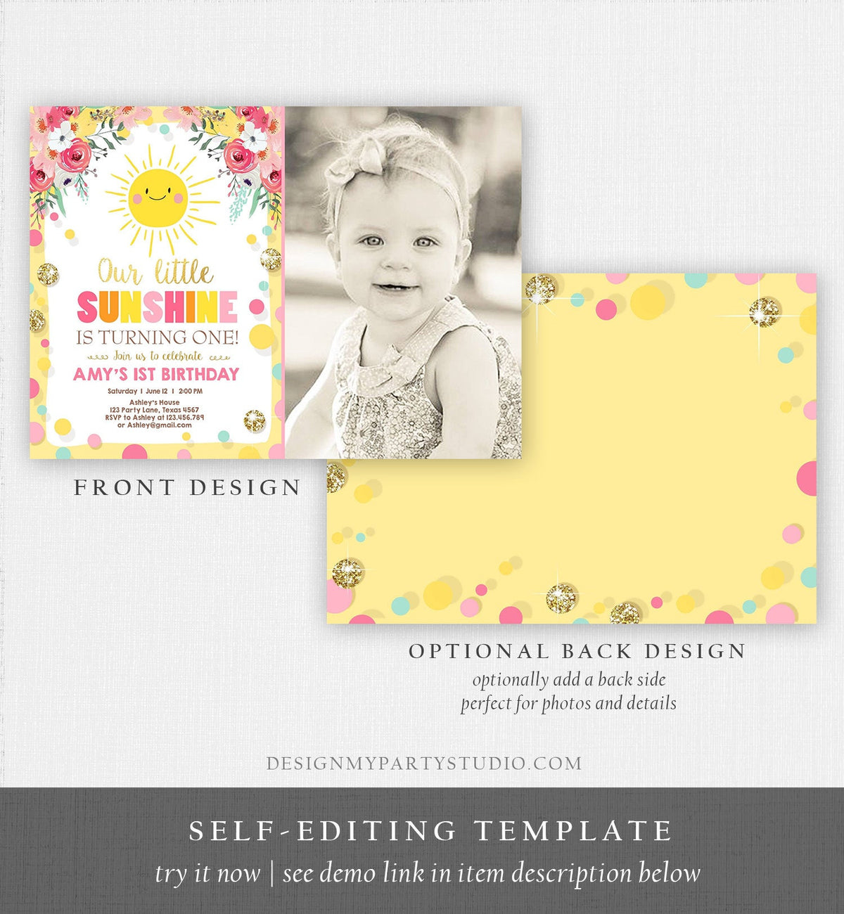 Editable Little Sunshine Birthday Invitation You are My Sunshine Lemonade Girl First Birthday Pink Gold 1st Corjl Template Printable 0244