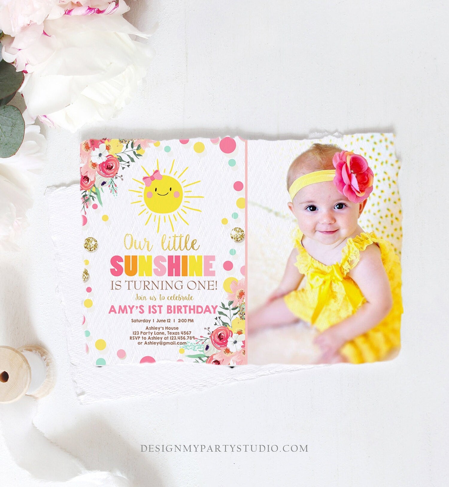 Editable Little Sunshine Birthday Invitation Bow You are My Sunshine Lemonade Girl First Birthday Pink Gold Corjl Template Printable 0244