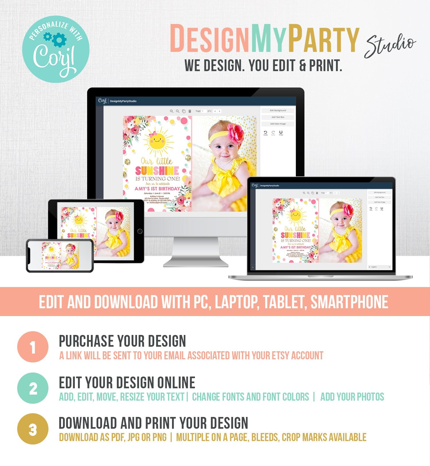 Editable Little Sunshine Birthday Invitation Bow You are My Sunshine Lemonade Girl First Birthday Pink Gold Corjl Template Printable 0244