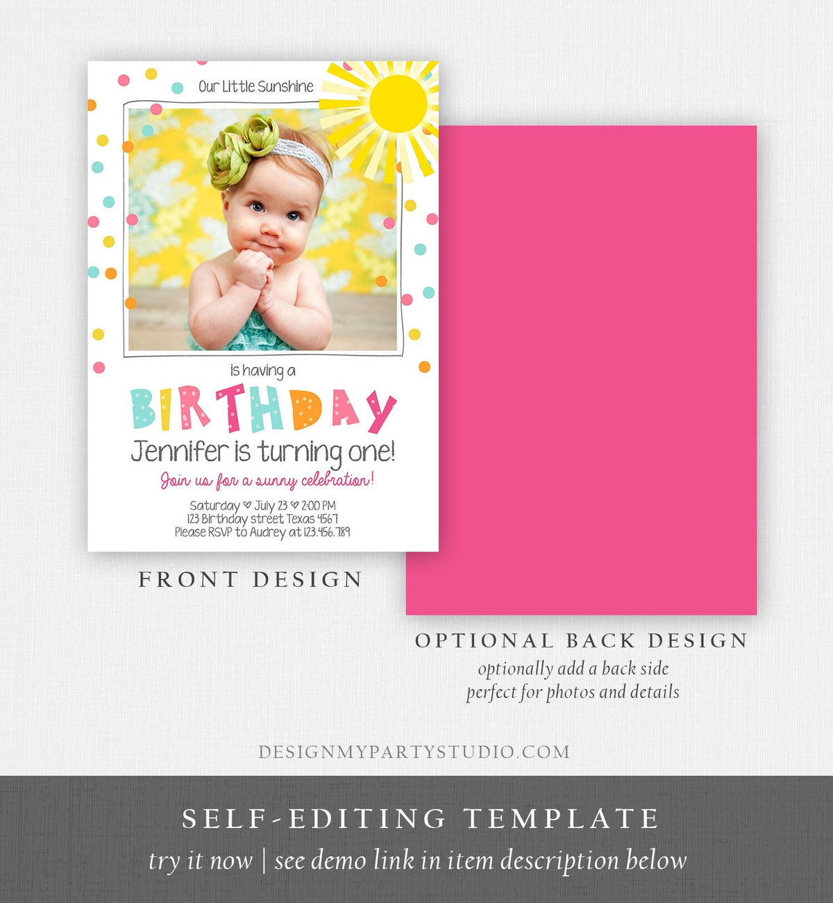 Editable Birthday Invitation Our Little Sunshine You Are My Sunshine Pink Girl Confetti Rainbow Printable Invite Template Corjl 0215