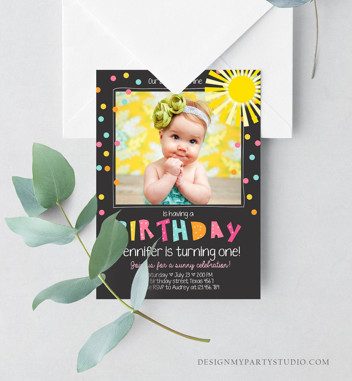 Editable Birthday Invitation Our Little Sunshine You Are My Sunshine Pink Girl Confetti Rainbow Printable Invite Template Corjl 0215