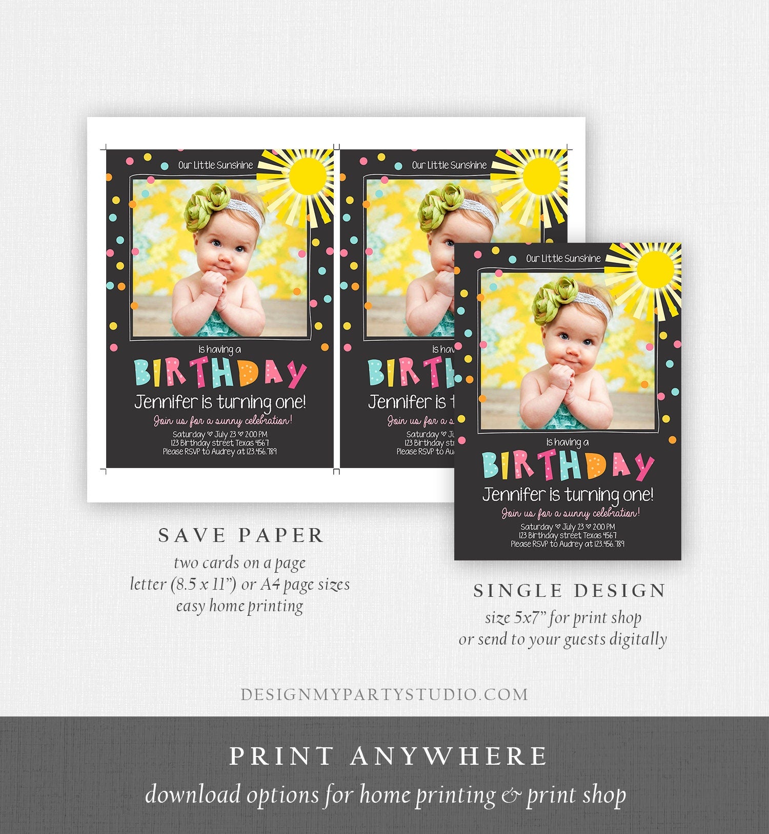 Editable Birthday Invitation Our Little Sunshine You Are My Sunshine Pink Girl Confetti Rainbow Printable Invite Template Corjl 0215