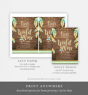 Editable Wild One Invitation Tribal Feathers Boy Green Teal Coral Mint Wood Gold First Birthday 1st Boho Photo Corjl Template Printable 0038