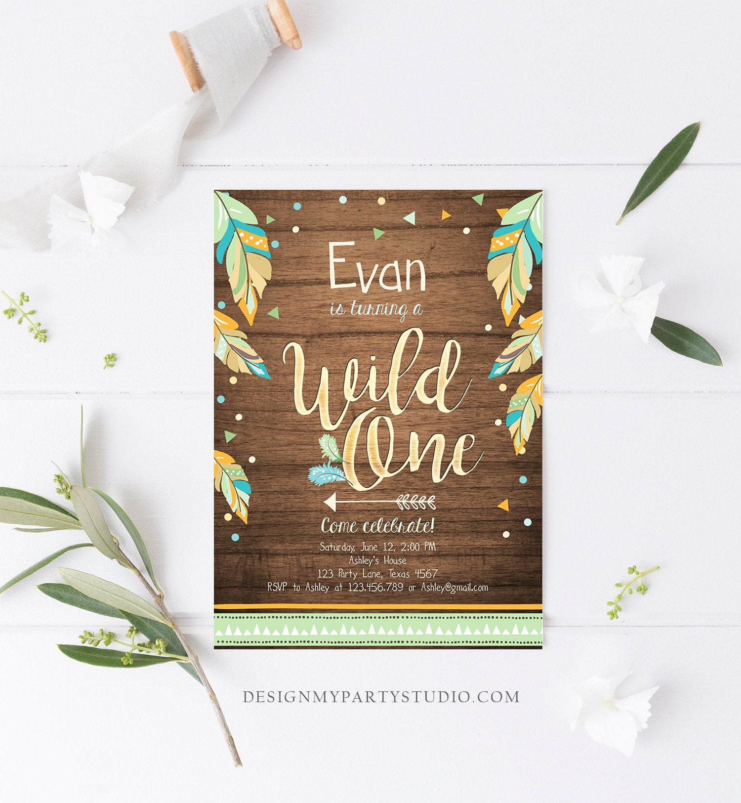 Editable Wild One Invitation Tribal Feathers Boy Green Teal Coral Mint Wood Gold First Birthday 1st Boho Photo Corjl Template Printable 0038
