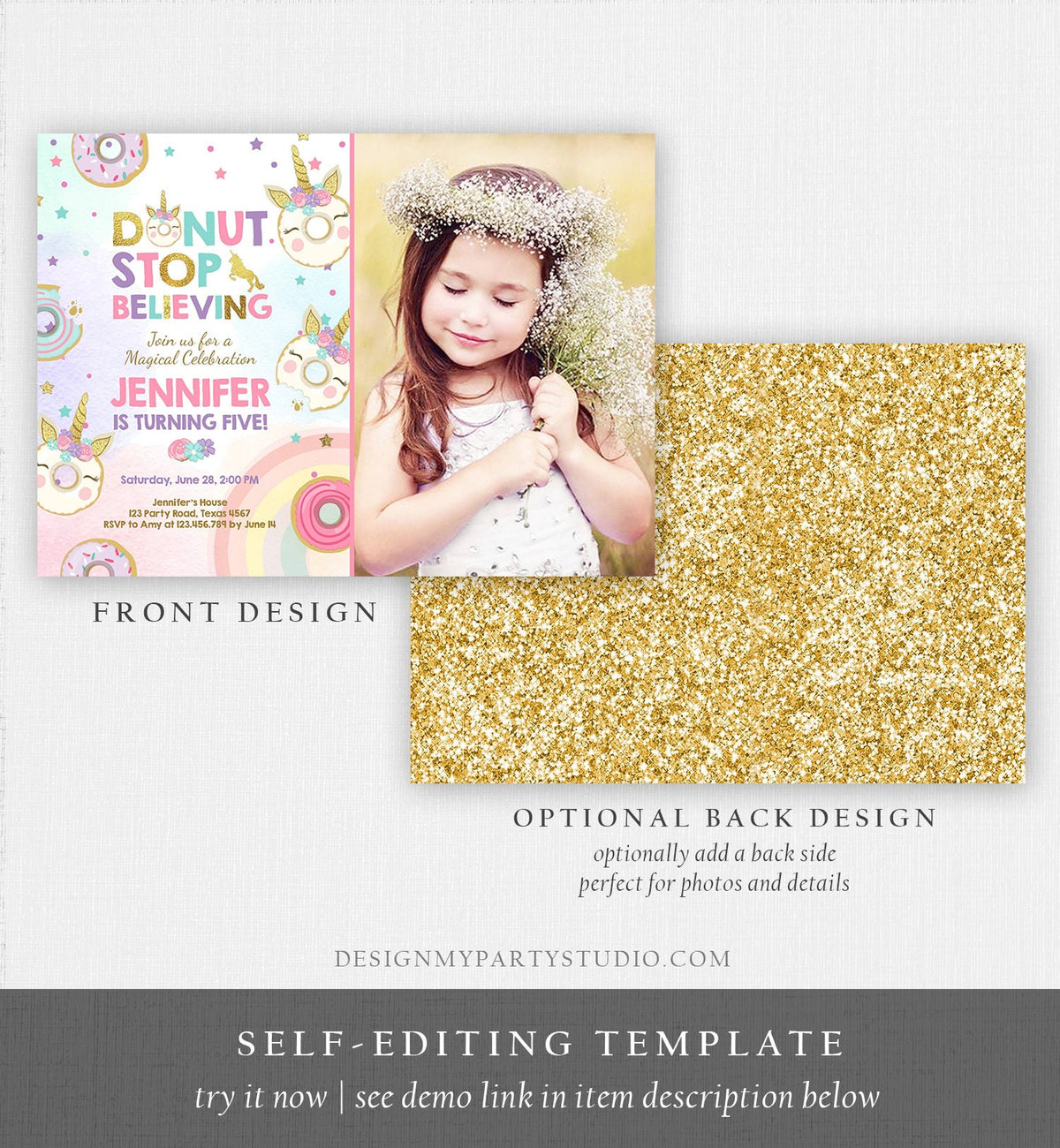Editable Unicorn Donut Birthday Invitation Donut Stop Believing Magical Rainbow Girl Pink Purple Gold Glitter Printable Corjl Template 0041