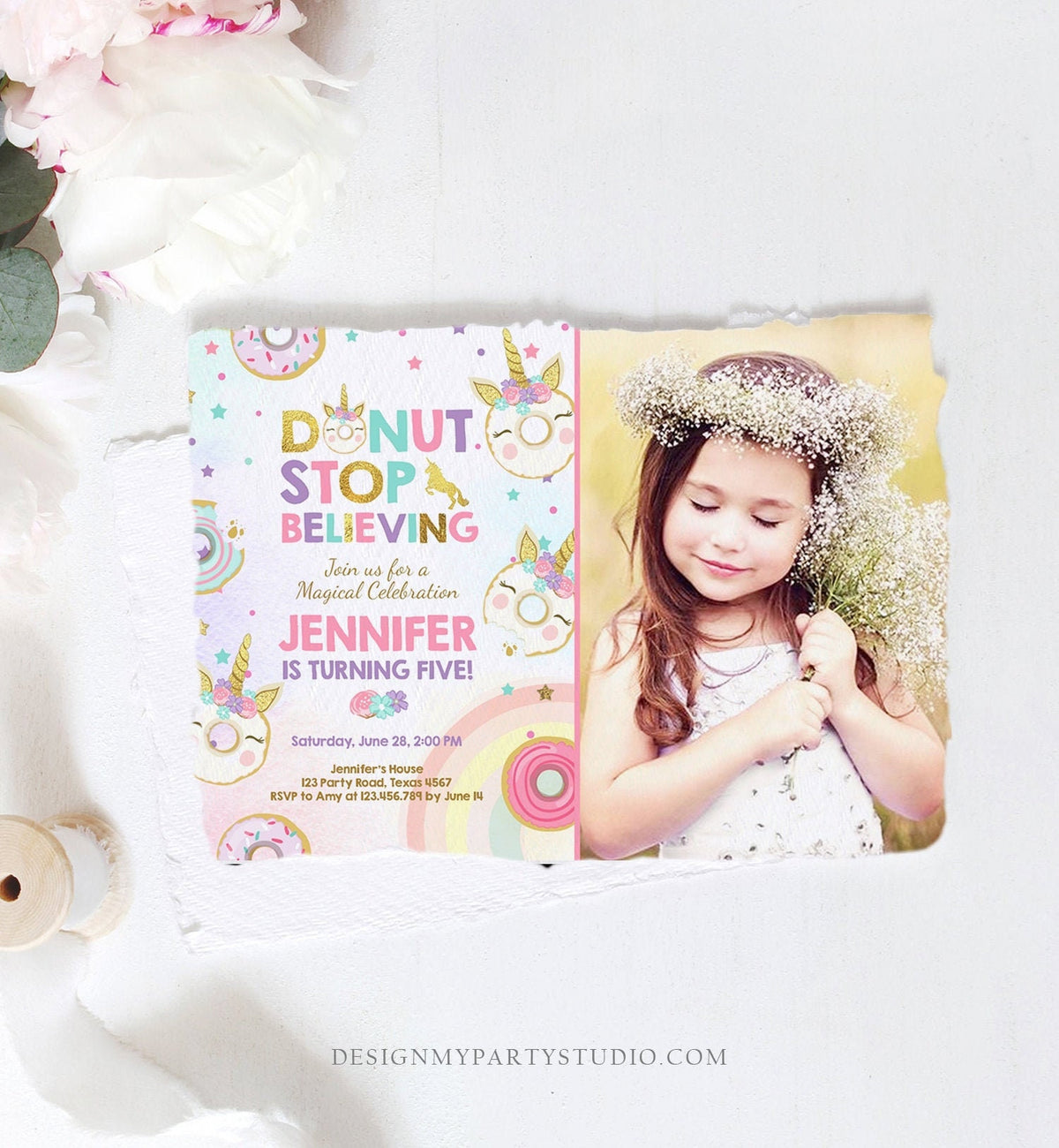 Editable Unicorn Donut Birthday Invitation Donut Stop Believing Magical Rainbow Girl Pink Purple Gold Glitter Printable Corjl Template 0041