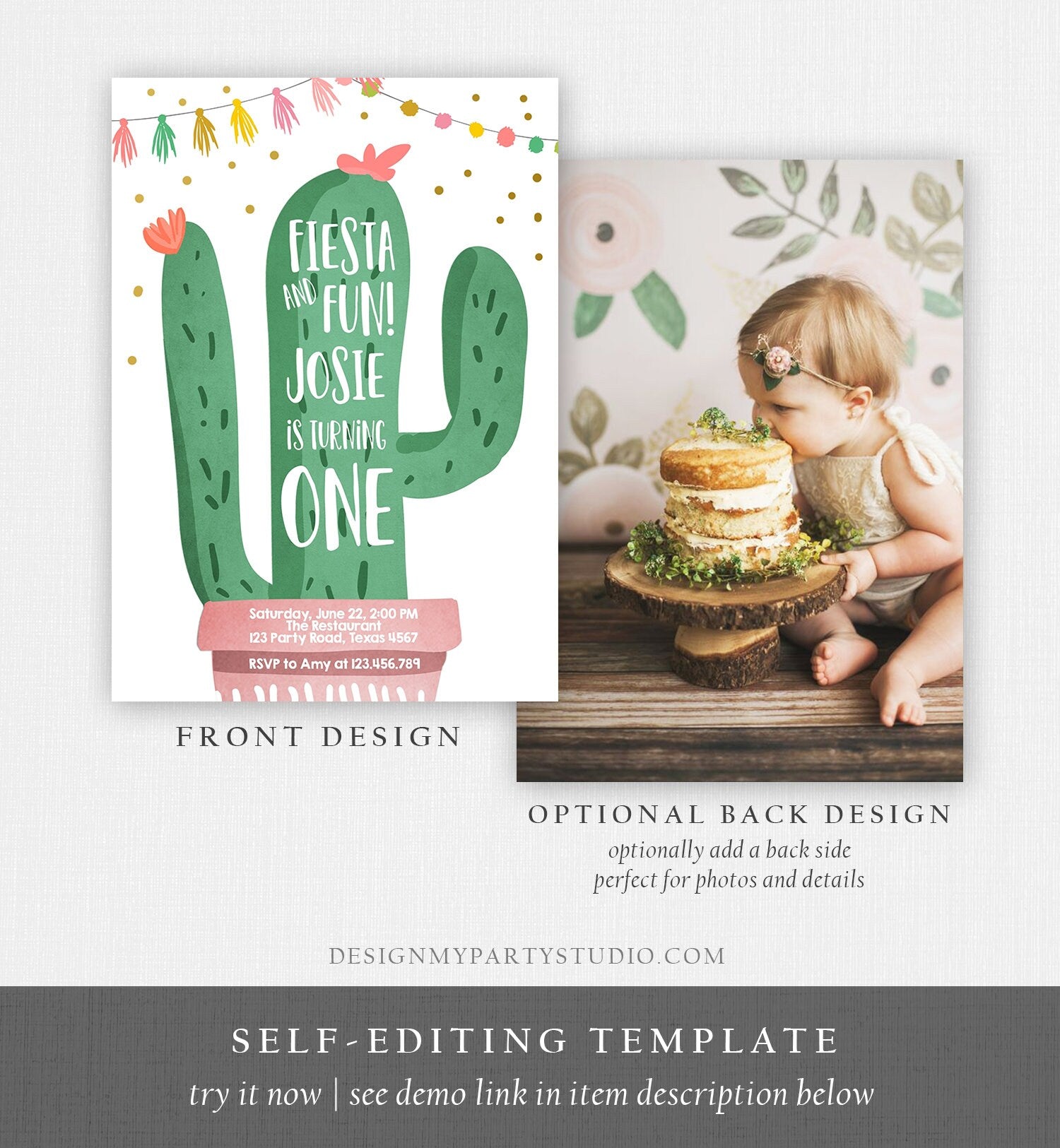 Editable Cactus Fiesta Birthday Invitation Girl Pink First Birthday Succulent 1st Mexican Fiesta and Fun Corjl Template Printable 0255