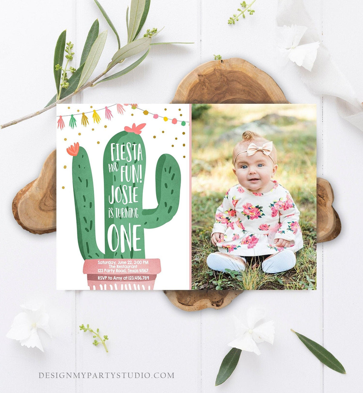Editable Cactus Fiesta Birthday Invitation Girl Pink First Birthday Succulent 1st Mexican Fiesta and Fun Corjl Photo Template Printable 0255