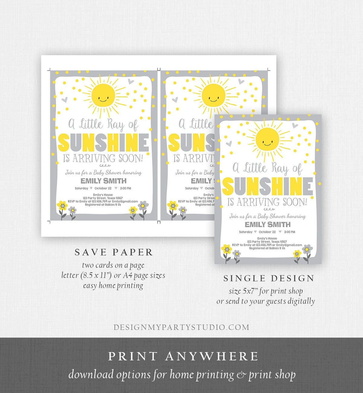Editable Baby Shower Invitation A Ray of Sunshine Little Sunshine Neutral Grey Yellow Summer Baby Template Download Digital Corjl 0070