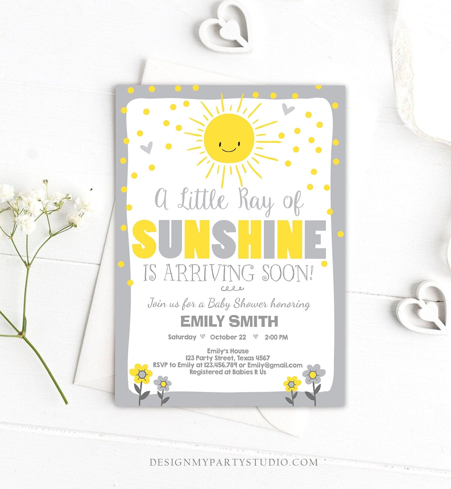 Editable Baby Shower Invitation A Ray of Sunshine Little Sunshine Neutral Grey Yellow Summer Baby Template Download Digital Corjl 0070