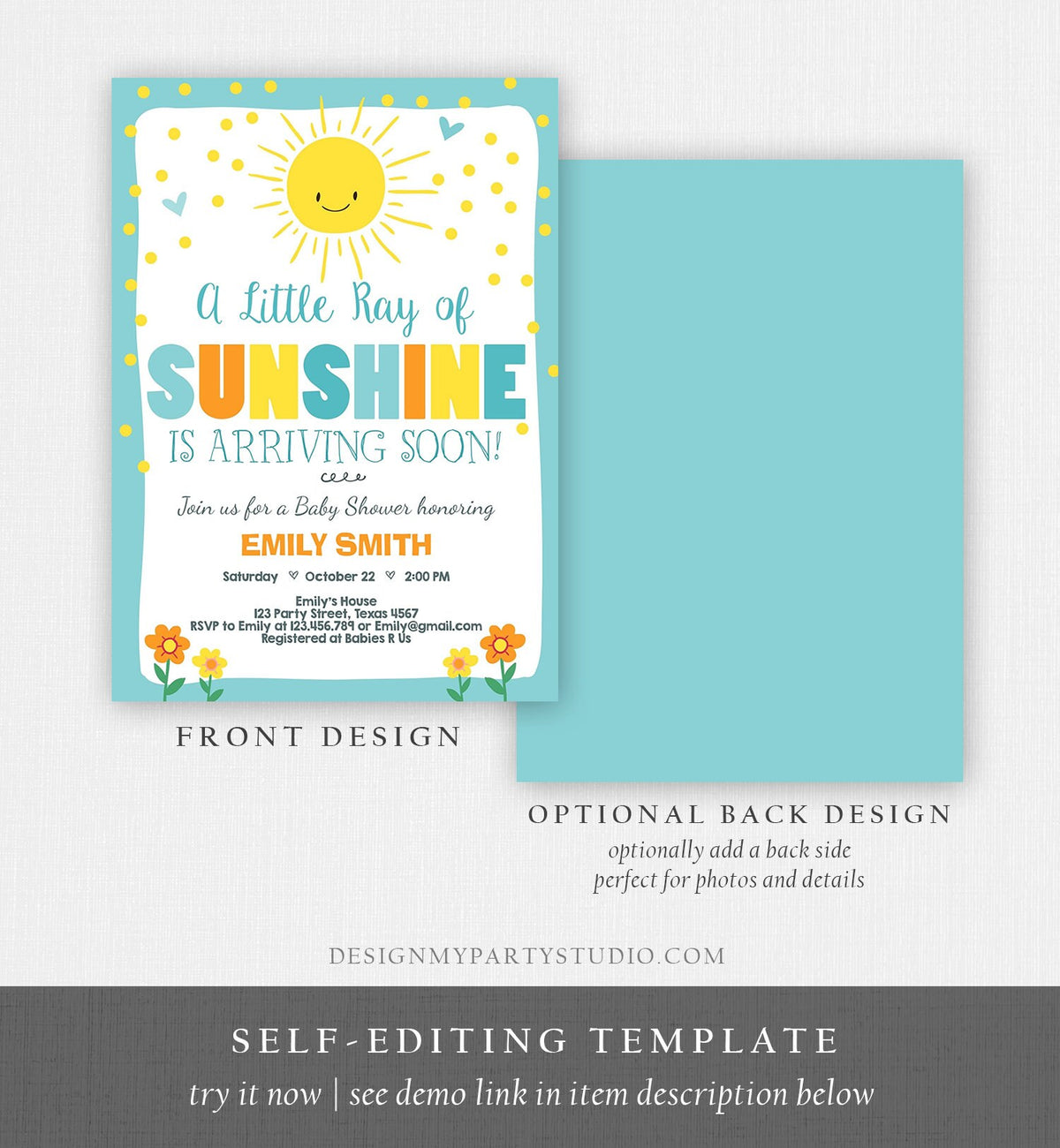 Editable Baby Shower Invitation A Ray of Sunshine Little Sunshine Blue Yellow Boy Invite Template Instant Download Digital Corjl 0070