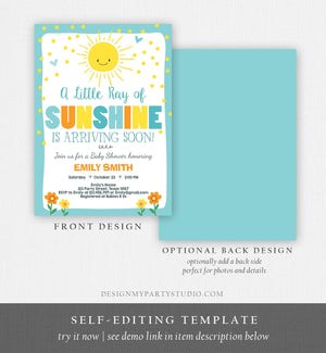 Editable Baby Shower Invitation A Ray of Sunshine Little Sunshine Blue Yellow Boy Invite Template Instant Download Digital Corjl 0070
