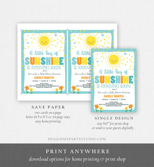 Editable Baby Shower Invitation A Ray of Sunshine Little Sunshine Blue Yellow Boy Invite Template Instant Download Digital Corjl 0070