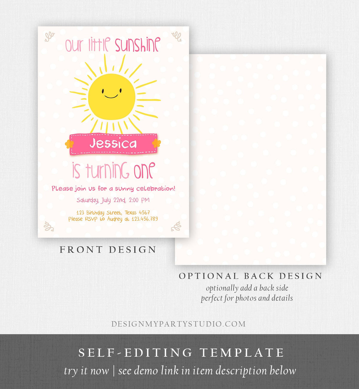 Editable Our Little Sunshine Birthday Invitation You Are My Sunshine First Birthday 1st Yellow Pink Girl Download Corjl Template 0212