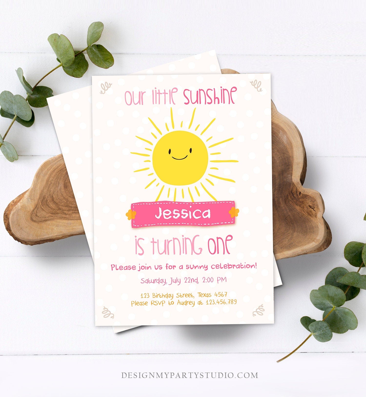 Editable Our Little Sunshine Birthday Invitation You Are My Sunshine First Birthday 1st Yellow Pink Girl Download Corjl Template 0212