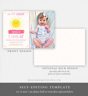 Editable Our Little Sunshine Birthday Invitation You Are My Sunshine First Birthday 1st Yellow Pink Girl Download Corjl Template 0212