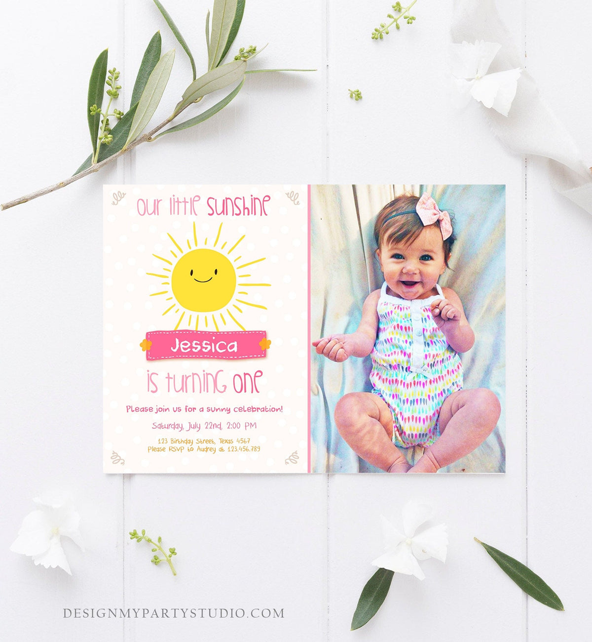 Editable Our Little Sunshine Birthday Invitation You Are My Sunshine First Birthday 1st Yellow Pink Girl Download Corjl Template 0212