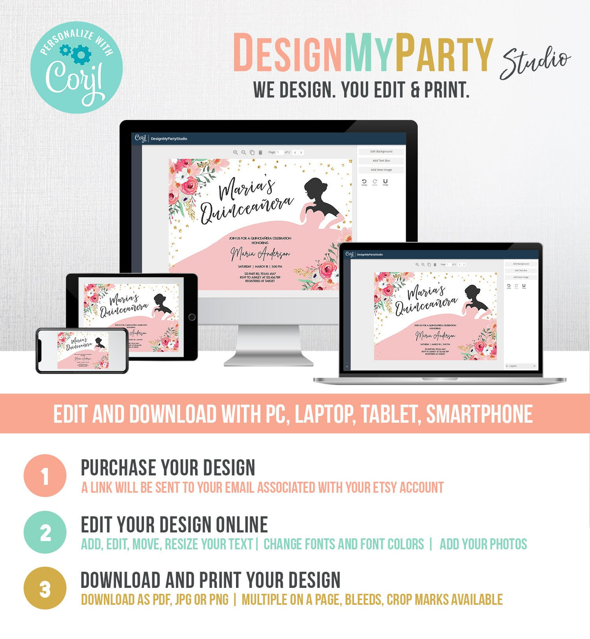 Editable Quinceañera Birthday Party Invitation Ball Fiesta Gown Floral Blush Pink Gold Confetti Flowers Printable Template Corjl 0030