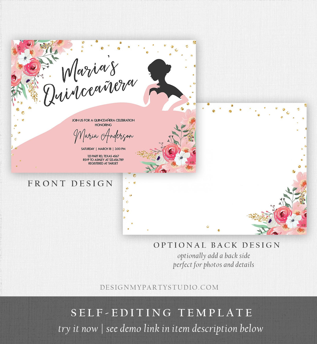 Editable Quinceañera Birthday Party Invitation Ball Fiesta Gown Floral Blush Pink Gold Confetti Flowers Printable Template Corjl 0030