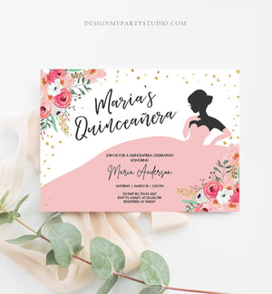 Editable Quinceañera Birthday Party Invitation Ball Fiesta Gown Floral Blush Pink Gold Confetti Flowers Printable Template Corjl 0030