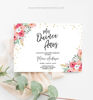 Editable Quinceañera Mis Quince Años Birthday Party Invitation Floral Blush Pink Gold Confetti Flowers Printable Template Corjl 0030 0318