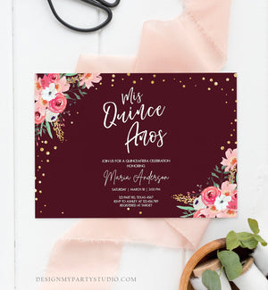 Editable Quinceañera Mis Quince Años Birthday Party Invitation Floral Blush Pink Gold Burgundy Confetti Flowers Template Corjl 0030