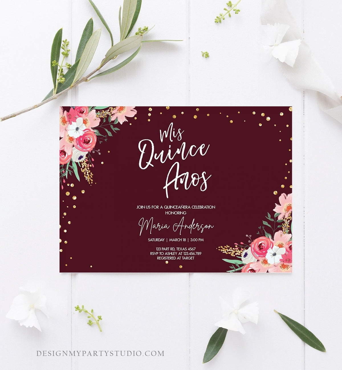 Editable Quinceañera Mis Quince Años Birthday Party Invitation Floral Blush Pink Gold Burgundy Confetti Flowers Template Corjl 0030