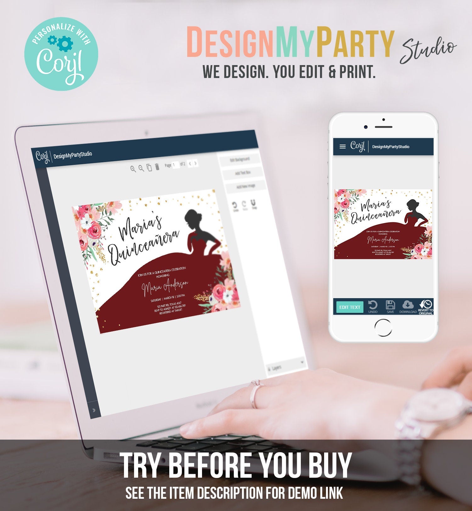 Editable Quinceañera Birthday Party Invitation Ball Fiesta Gown Floral Pink Burgundy Gold Confetti Flowers Printable Template Corjl 0030