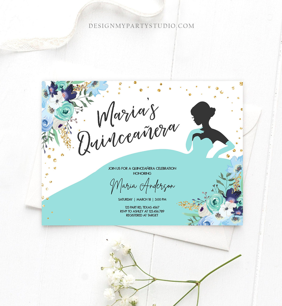 Editable Quinceañera Birthday Party Invitation Ball Fiesta Gown Floral Blue Teal Gold Confetti Flowers Printable Template Corjl 0030